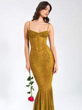 Load image into Gallery viewer, ULANI GOLD BURNOUT VELVET DETAIL MESH MAXI DRESS