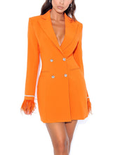 Load image into Gallery viewer, QUILLA ORANGE FEATHER CRYSTAL SLEEVE BACKLESS BLAZER DRESS