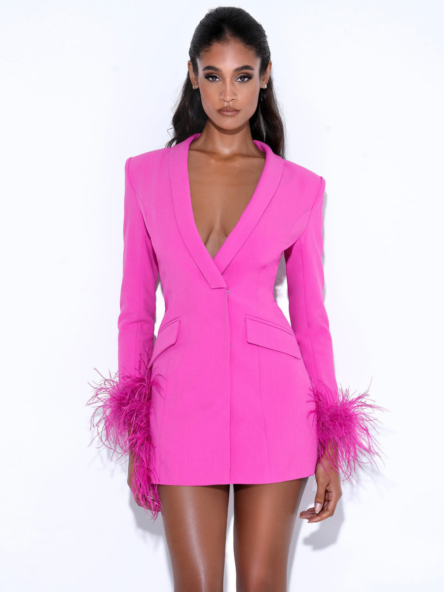 MADELINE FUCHSIA FEATHER TRIM BLAZER DRESS – Arelia's Dream