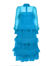 Load image into Gallery viewer, PALOMA TIERED TULLE OVERSIZED SHIRT DRESS IN BRIGHT BLUE
