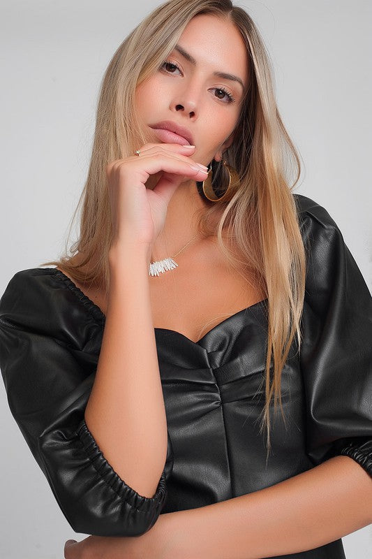 FAUX LEATHER PUFF SLEEVE MINI DRESS  Arelia's Dream