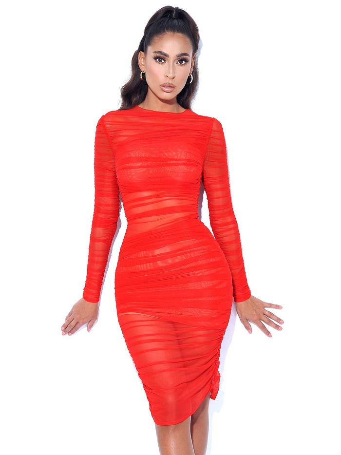 JIMENA RED RUCHED MESH LONG SLEEVE DRESS – Arelia's Dream