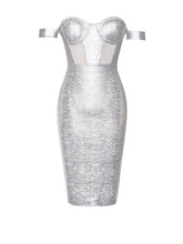 Load image into Gallery viewer, IRREPLACEABLE OFF SHOULDER SILVER METALLIC BANDAGE DRESS