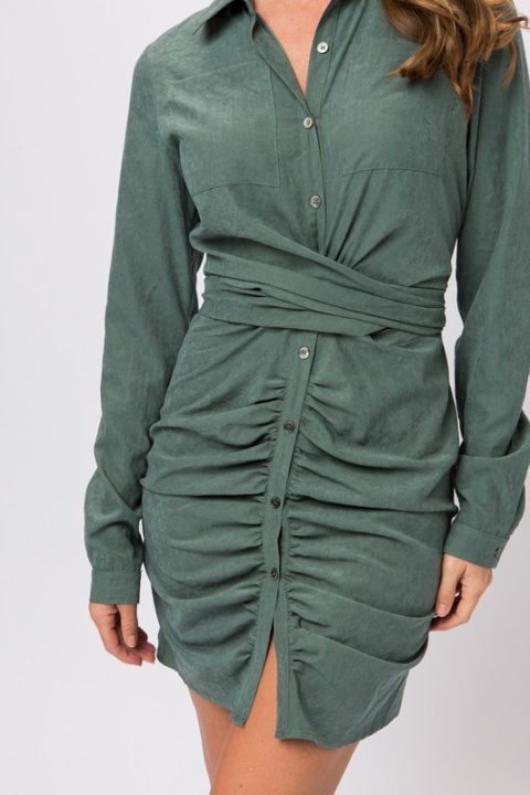 TIE FRONT RUCHED SHIRT DRESS Arelia's Dream TIE FRONT RUCHED SHIRT DRESS Arelia's Dream