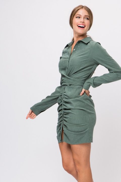TIE FRONT RUCHED SHIRT DRESS TIE FRONT RUCHED SHIRT DRESS