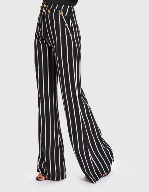 Black and white striped flared trousers 2025