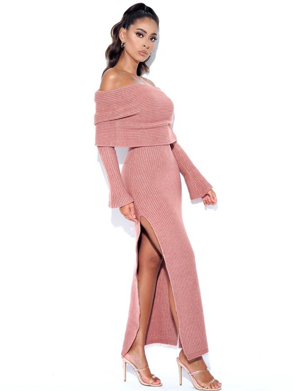 Pink Long Sleeve Off The Shoulder Knit Dress ESTHER DUSTY PINK OFF