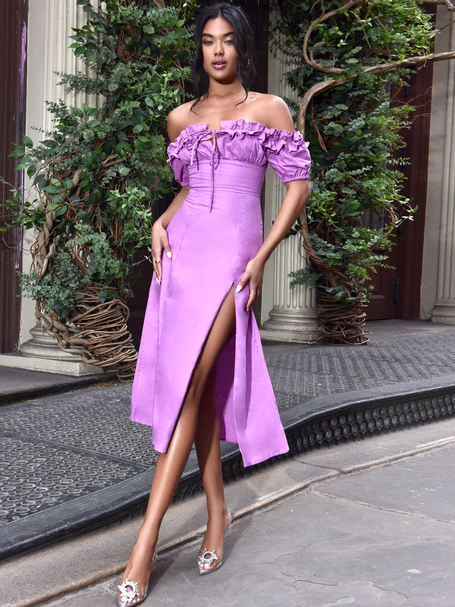 QUINLEY LILAC OFF THE SHOULDER LINEN MIDI DRESS – Arelia's Dream