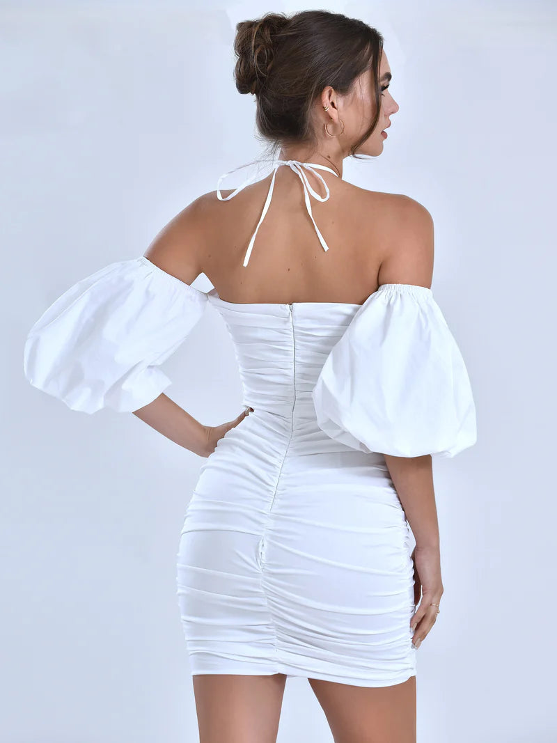 KASEY WHITE LACE UP HALTER NECK PUFF SLEEVE DRESS Arelia's Dream KASEY WHITE LACE UP HALTER NECK PUFF SLEEVE DRESS Arelia's Dream