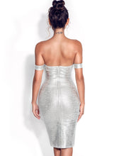Load image into Gallery viewer, IRREPLACEABLE OFF SHOULDER SILVER METALLIC BANDAGE DRESS