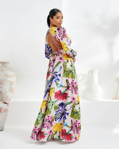 MULTI FLORAL PRINT MAXI DRESS WITH OPEN BACK DETAIL