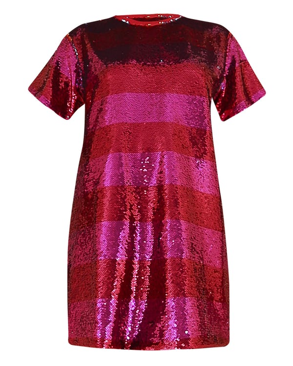 PINK SEQUIN STRIPE OVERSIZED T-SHIRT DRESS - Main Image