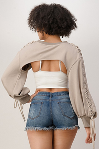 FRENCH TERRY BOLERO TOP WITH LACE UP TRIM