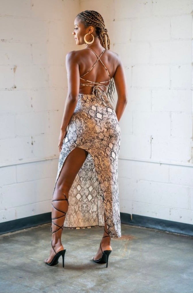 SNAKE PRINT CROSS BACK SLIT DRESS Arelia's Dream SNAKE PRINT CROSS BACK SLIT DRESS Arelia's Dream