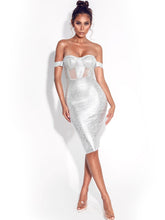 Load image into Gallery viewer, IRREPLACEABLE OFF SHOULDER SILVER METALLIC BANDAGE DRESS