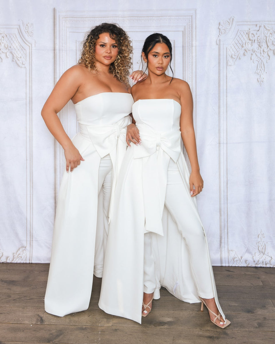 open lace back dress WHITE TAILORED JUMPSUIT WITH DETACHABLE SKIRT AND BOW BELT – Arelia's Dream