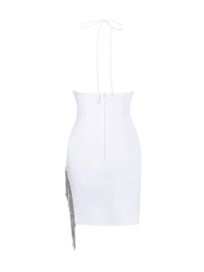 QUENNA WHITE HALTER NECK DRESS WITH CRYSTAL FRINGE