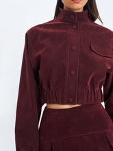 Load image into Gallery viewer, FARRYN MAHOGANY VEGAN SUEDE CROPPED BOMBER JACKET