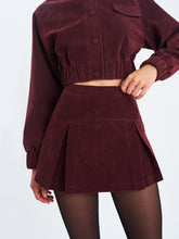 Load image into Gallery viewer, FARYN MAHOGANY VEGAN SUEDE PLEATED A-LINE MINI SKIRT