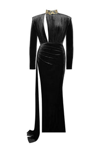 ZENAIDA BLACK CUTOUT HIGH SLIT VELVET GOWN