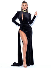 Load image into Gallery viewer, ZENAIDA BLACK CUTOUT HIGH SLIT VELVET GOWN