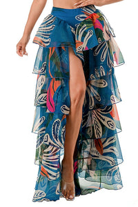 OPEN FRONT TIERED HIGH LOW HEM MAXI SKIRT