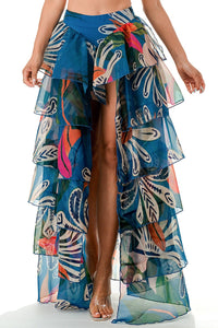 OPEN FRONT TIERED HIGH LOW HEM MAXI SKIRT