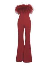 Load image into Gallery viewer, KYLAN BURGUNDY FEATHER JUMPSUIT