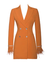 Load image into Gallery viewer, QUILLA ORANGE FEATHER CRYSTAL SLEEVE BACKLESS BLAZER DRESS