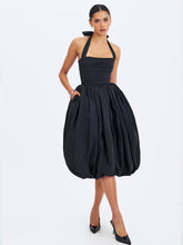 Load image into Gallery viewer, VERADIS BLACK TAFFETA HALTER BUBBLE-HEM MIDI DRESS