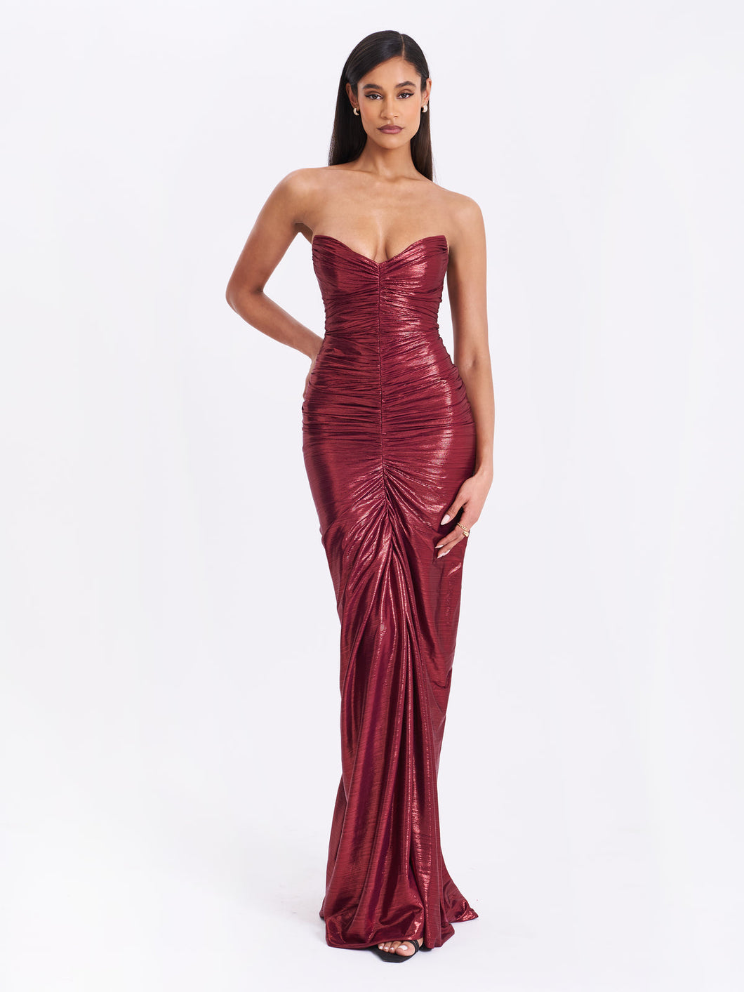 SABLE RUCHED BURGUNDY GLITTER MERMAID GOWN