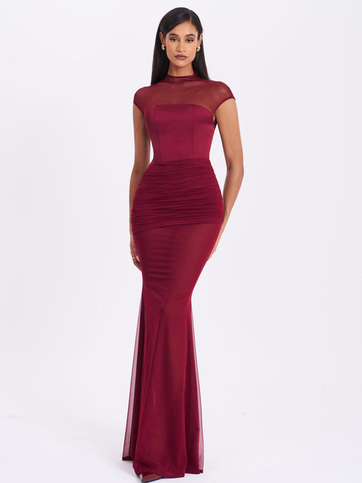 FABIENNE BURGUNDY MESH CAP SLEEVE MERMAID GOWN