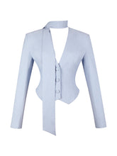 Load image into Gallery viewer, RENLEY SKY BLUE PINSTRIPE PEPLUM BLAZER