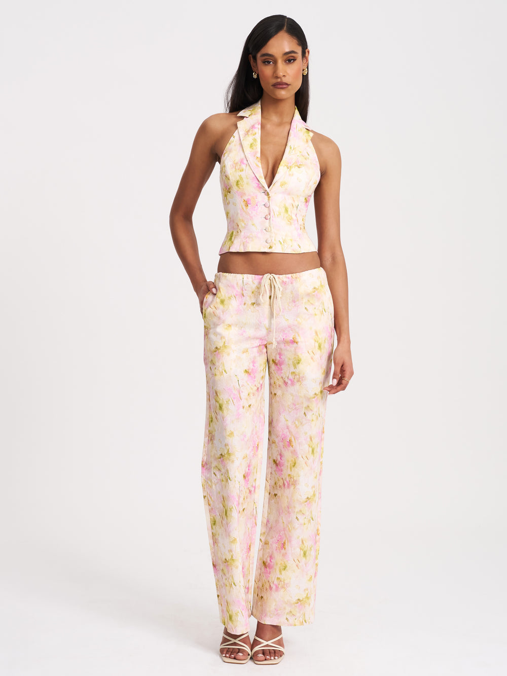 LAUREEN PINK FLORAL PRINT LINEN STRAIGHT PANTS