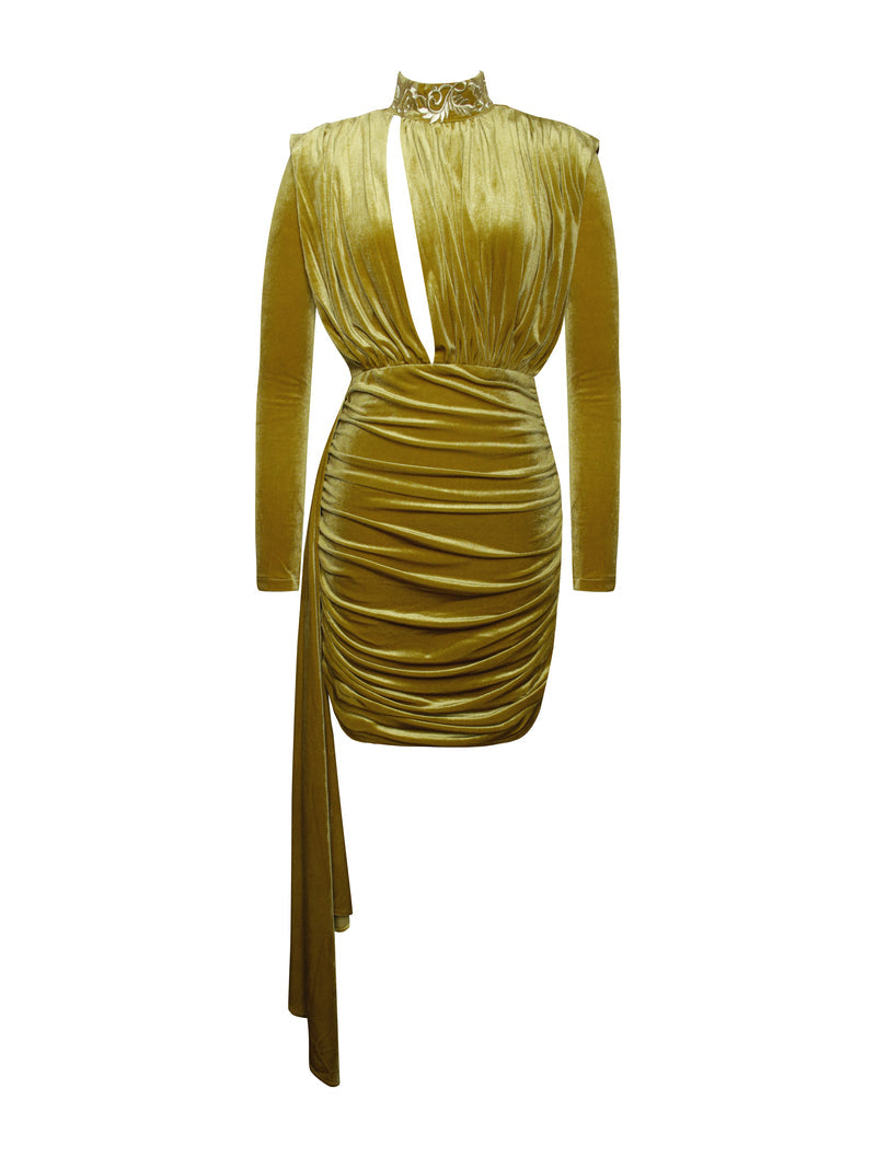 GRACYN GOLD CUTOUT LONG SLEEVE DRAPING VELVET DRESS Arelia's Dream GRACYN GOLD CUTOUT LONG SLEEVE DRAPING VELVET DRESS Arelia's Dream