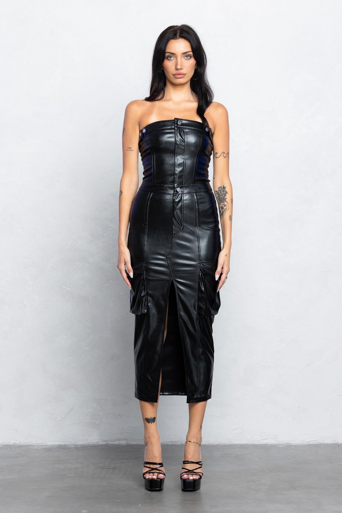 CARGO TUBE FAUX LEATHER MIDI DRESS – Arelia's Dream