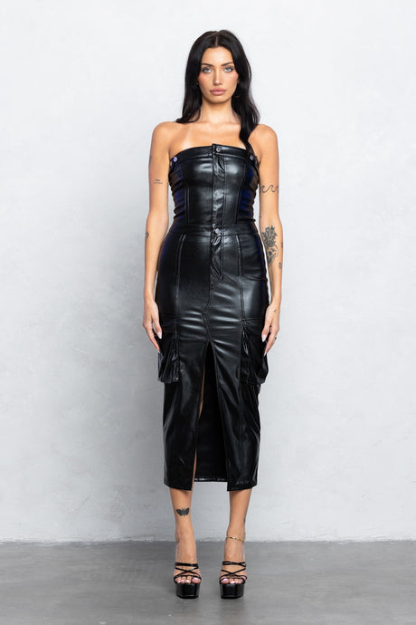 CARGO TUBE FAUX LEATHER MIDI DRESS