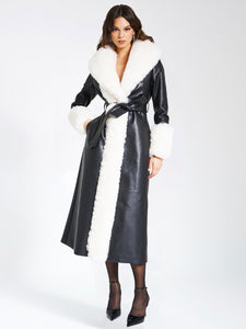 ZAIDA WHITE  FAUX FUR TRIM BLACK VEGAN LEATHER COAT