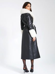 ZAIDA WHITE  FAUX FUR TRIM BLACK VEGAN LEATHER COAT