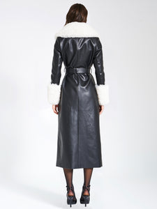 ZAIDA WHITE  FAUX FUR TRIM BLACK VEGAN LEATHER COAT