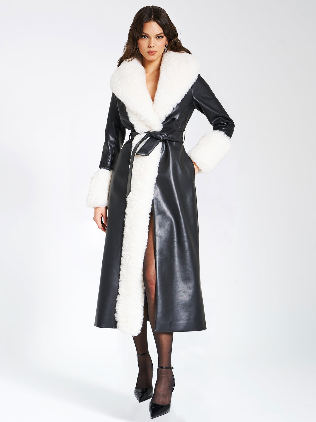 ZAIDA WHITE  FAUX FUR TRIM BLACK VEGAN LEATHER COAT