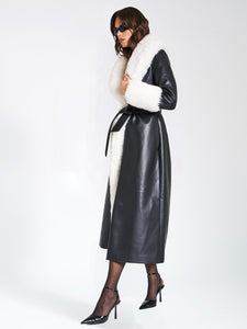 ZAIDA WHITE  FAUX FUR TRIM BLACK VEGAN LEATHER COAT