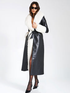 ZAIDA WHITE  FAUX FUR TRIM BLACK VEGAN LEATHER COAT