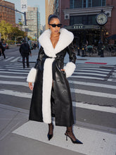 Load image into Gallery viewer, ZAIDA WHITE  FAUX FUR TRIM BLACK VEGAN LEATHER COAT