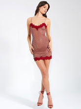 Load image into Gallery viewer, REMI BURGUNDY MESH RHINESTONE LACE MINI DRESS