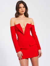 Load image into Gallery viewer, POLINA RED OFF SHOULDER LONG SLEEVE BLAZER DRESS