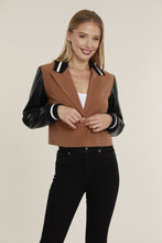 Load image into Gallery viewer, MIXED MEDIA FAUX LEATHER SLEEVE CROP BLAZER