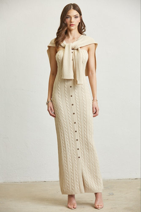 CABLE KNIT TIE FRONT SHAWL TUBE DRESS