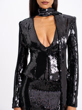 Load image into Gallery viewer, TAMINA BLACK SEQUIN DEEP V PEPLUM TOP WITH SCARF