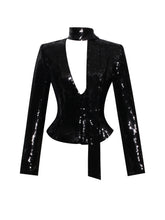 Load image into Gallery viewer, TAMINA BLACK SEQUIN DEEP V PEPLUM TOP WITH SCARF